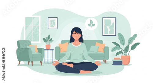 Woman meditating in living room with plants and modern furniture relaxation and mindfulness concept