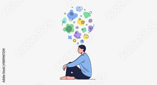 Man sitting with thought bubbles of colorful shapes and symbols floating above his head