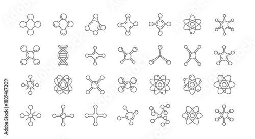 A collection of diverse black and white line art illustrations depicting molecular structures and abstract geometric designs