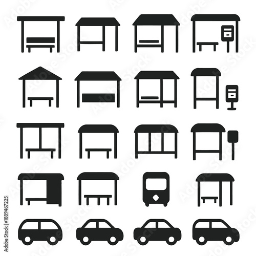 A collection of black and white vector icons depicting benches gazebos and vehicles