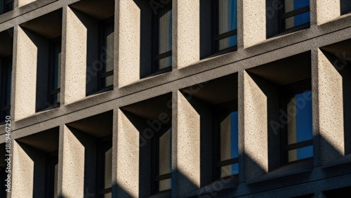 Wallpaper Mural A modern, concrete building facade with geometric patterns and reflective glass windows. Torontodigital.ca