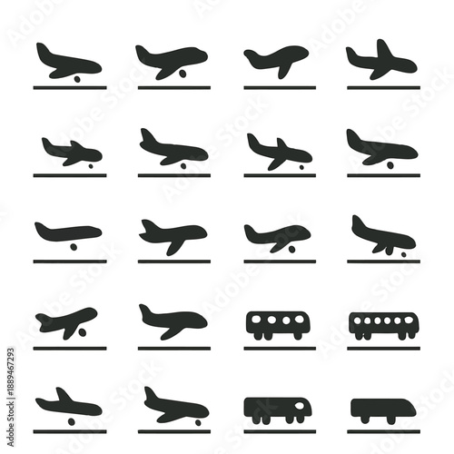A collection of black silhouettes depicting various airplanes buses and a blimp