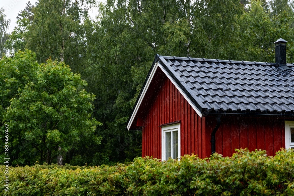 Fototapeta premium Red wooden house in forest