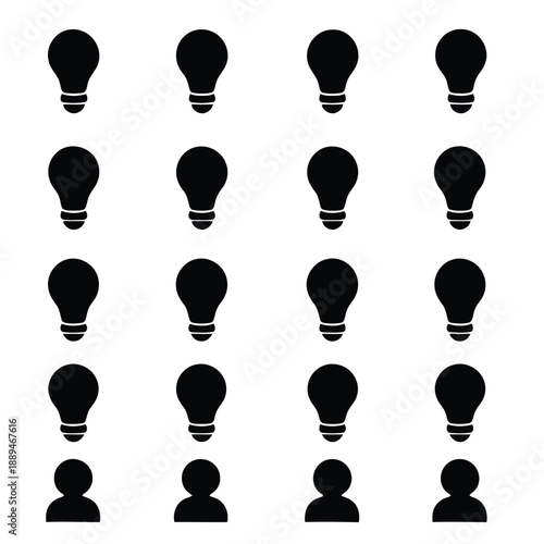 A symmetrical arrangement of black silhouettes depicting lightbulbs and human heads high quality