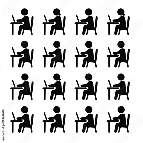 A grid of simplistic black stick figures each depicted sitting in a chair