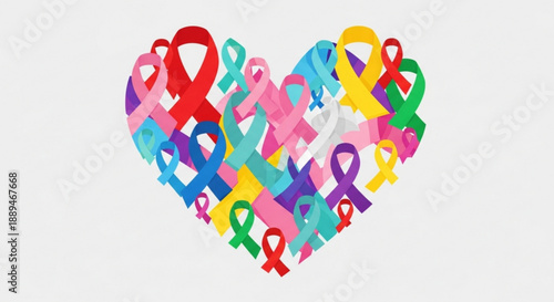 Multicolored awareness ribbons forming a heart shape symbolizing support and solidarity