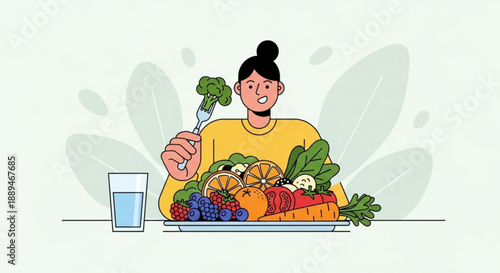 Woman enjoying healthy meal with fresh vegetables and fruits on plate