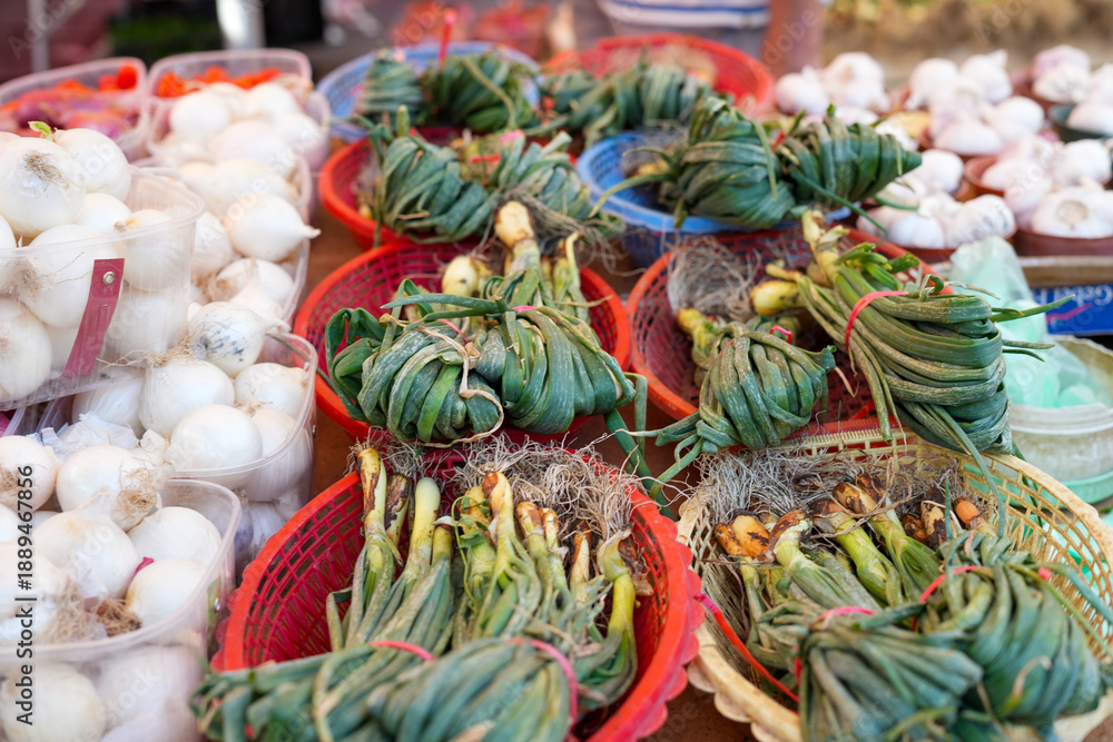Fototapeta premium Vibrant farmers market display with garlic and green onions bundled in red and blue baskets, roots exposed. Sunlit scene emphasizes freshness, texture, and farm-to-table appeal