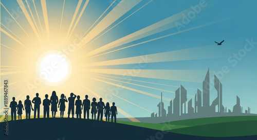 Silhouette of people standing on hill overlooking cityscape at sunrise