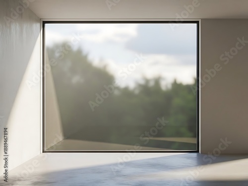 Serene interior space with nature view through modern minimalist window