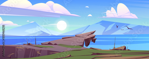 Calm landscape with mountains and lake in morning