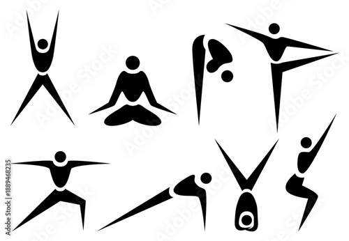 Diverse yoga poses illustrated in black and white minimalist icons