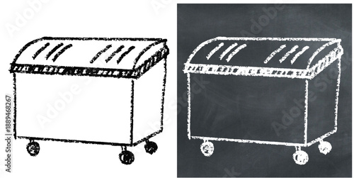 Chalk handdrawn dumpster vector for grunge and urban art styles. Symbolizes waste disposal in a rough aesthetic. Ideal for street posters and eco campaigns.