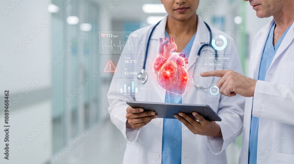 Obraz premium Doctors reviewing critical cardiac vitals on digital holographic interface with 3D heart model