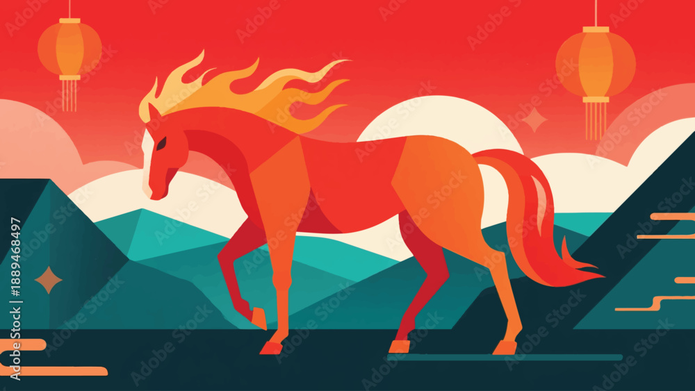 Obraz premium Illustration Of Fire Horse Calm Stance Under Red Sky, Symbolic Chinese New Year Art Vector Design Template