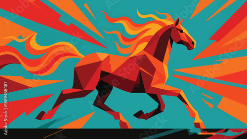 Illustration Of Fire Horse Charging Forward, Abstract Fire Background Vector Design Template