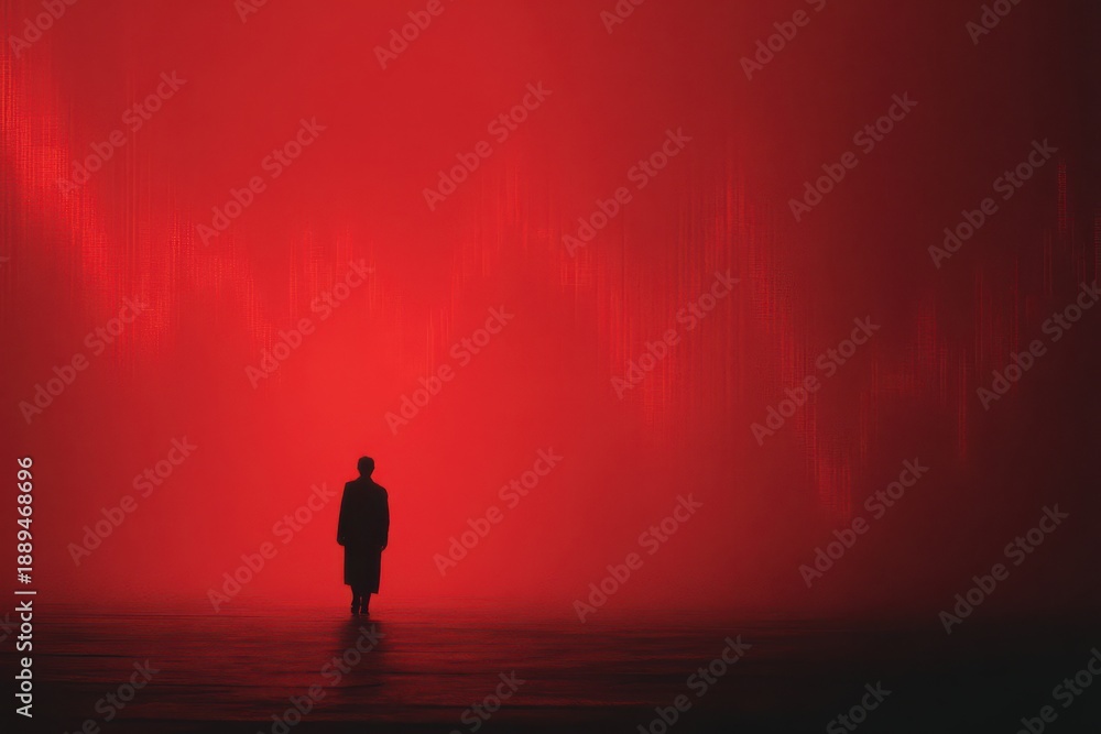 Obraz premium Solitary figure walking in vast red digital stock market landscape