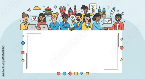 Diverse group of people collaborating with laptops and graphics on a large whiteboard