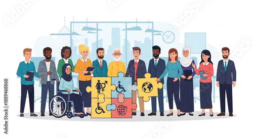 Diverse group of people with disabilities and business professionals holding puzzle pieces in an office setting