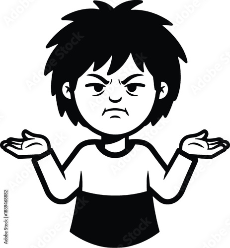 Angry Cartoon Child Shrugs Shoulders.
