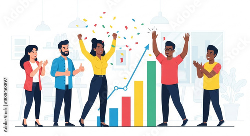 Diverse team celebrating business success with graph and confetti