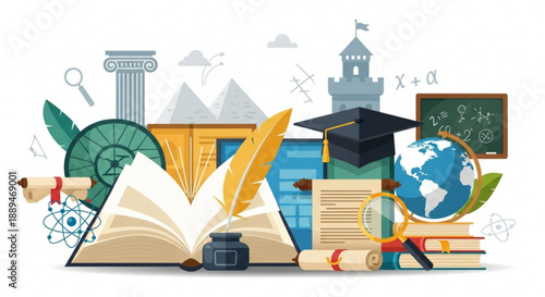Education icons with books graduation cap globe and learning tools on white background