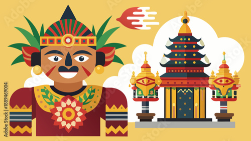 Balinese Traditional Man Illustration with Temple and Cultural Ornaments