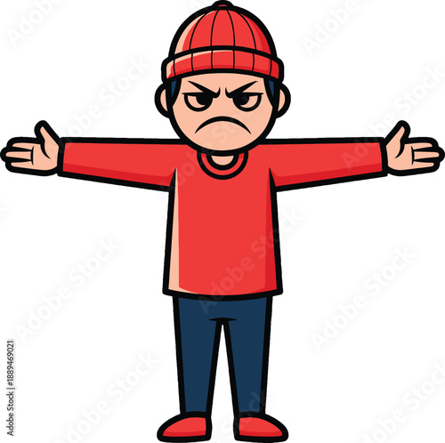 Angry Cartoon Man Standing with Open Arms.