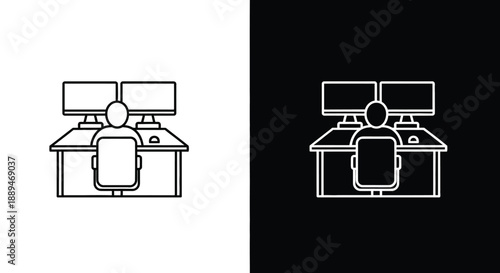 A minimalist depiction of a computer workstation with dual monitors and a seated person using a laptop