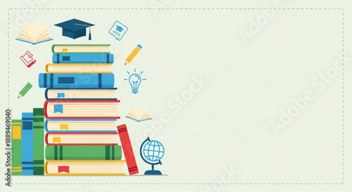 Stack of books with graduation cap and education icons on light background