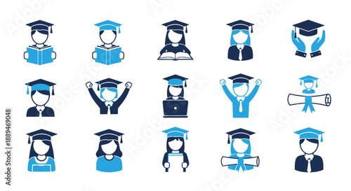 A collection of graduation icons depicting students in caps and gowns celebrating academic achievements