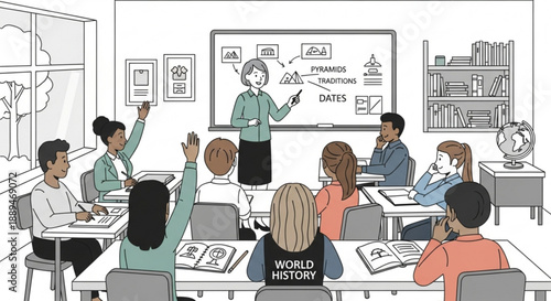 Students in a classroom with teacher explaining historical events on whiteboard
