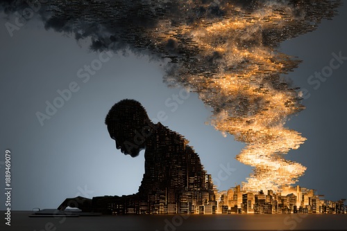 Abstract concept of man's mind as a glowing cityscape with exploding ideas