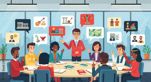 Diverse team in a meeting with a presenter discussing ideas and projects in an office setting with creative visuals