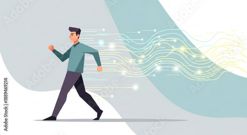 Man running with futuristic circuit lines and sparks in background