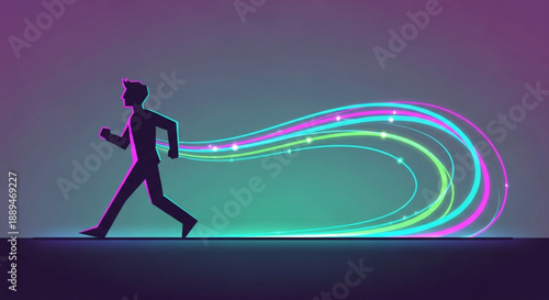 Man running with colorful neon light trails behind him in motion