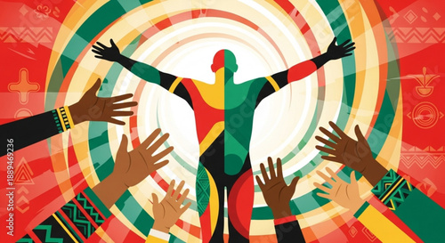 Diverse hands reaching out to a person in a colorful outfit with arms outstretched in unity and support