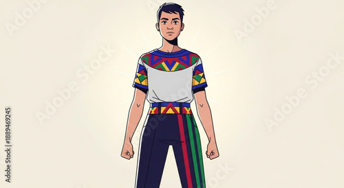 Confident young man wearing colorful patterned shirt and pants standing strong