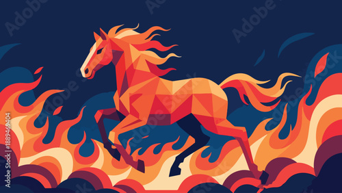 Illustration Of Fire Horse Charging Through Fire Clouds, Powerful Zodiac Vector Design Template