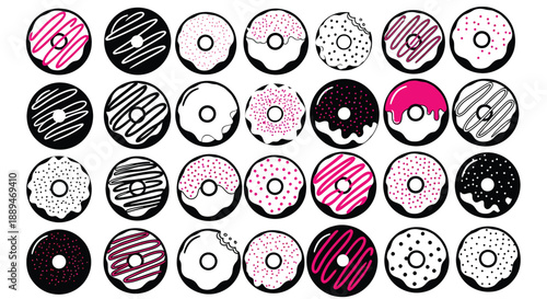 Assorted Donuts with Various Toppings and Patterns.