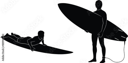 Black silhouette of two male surfers one standing with surfboard and another lying on board isolated on a white background