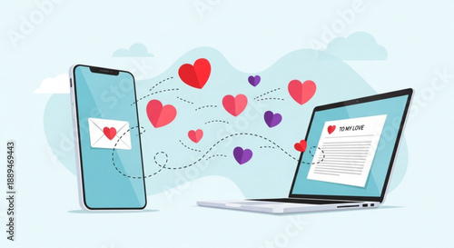 Digital love connection between mobile phone and laptop with hearts
