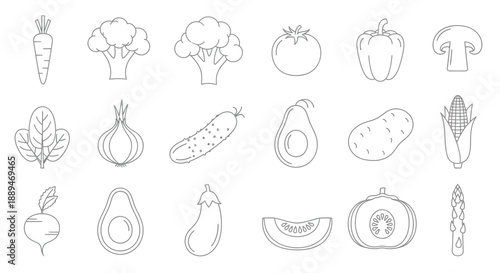 Assorted Vegetables and Fruits Line Drawings.