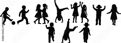 Black silhouettes of children playing, running, jumping, doing handstands, and hugging, representing happy childhood, friendship, and active healthy outdoor lifestyle.