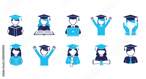 A collection of graduation icons depicting students celebrating their achievements with books laptops and joy
