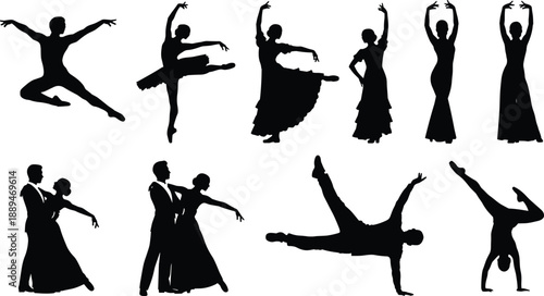Set of black silhouettes of dancers in various styles including ballet ballroom and breakdance performers isolated on a white background