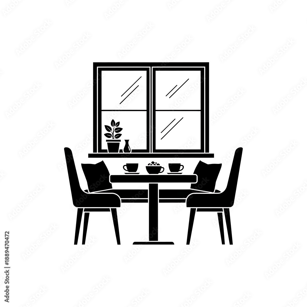Fototapeta premium Flat black and white icon of a breakfast nook by the window