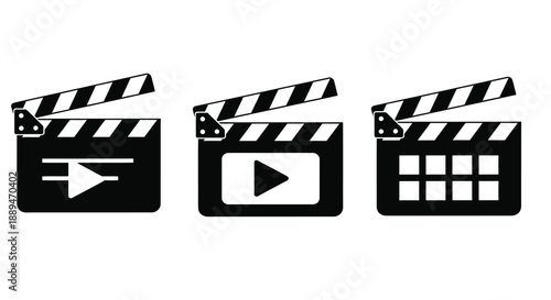 A simple illustration featuring three black and white clapperboards with varying symbols representing film production