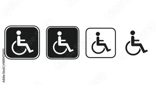 Four variations of the international symbol of accessibility depicting a person in a wheelchair are shown