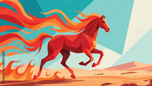 Illustration Of Fire Horse Galloping Across Desert With Fire Wind, Dramatic Background Vector Design Template